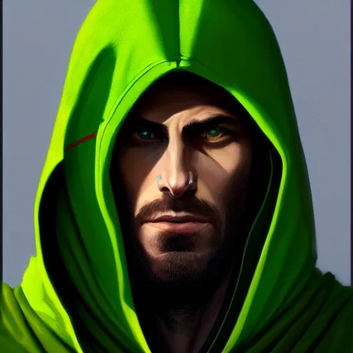 Image similar to portrait of a chad programmer with green hood by greg rutkowski, 4 k, close up