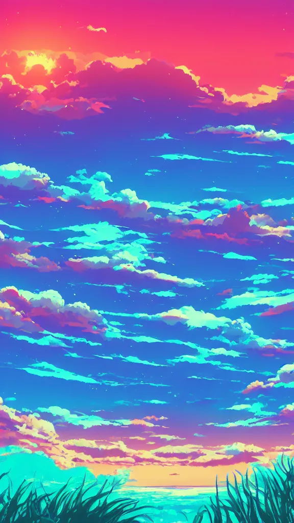 Image similar to beach horizon view of the tropical ocean on an alien planet, vaporwave ocean, clear sky, beautiful colors, planet in space over the horizon, trending on artstation, digital art by hayao miyazaki, studio ghibli style