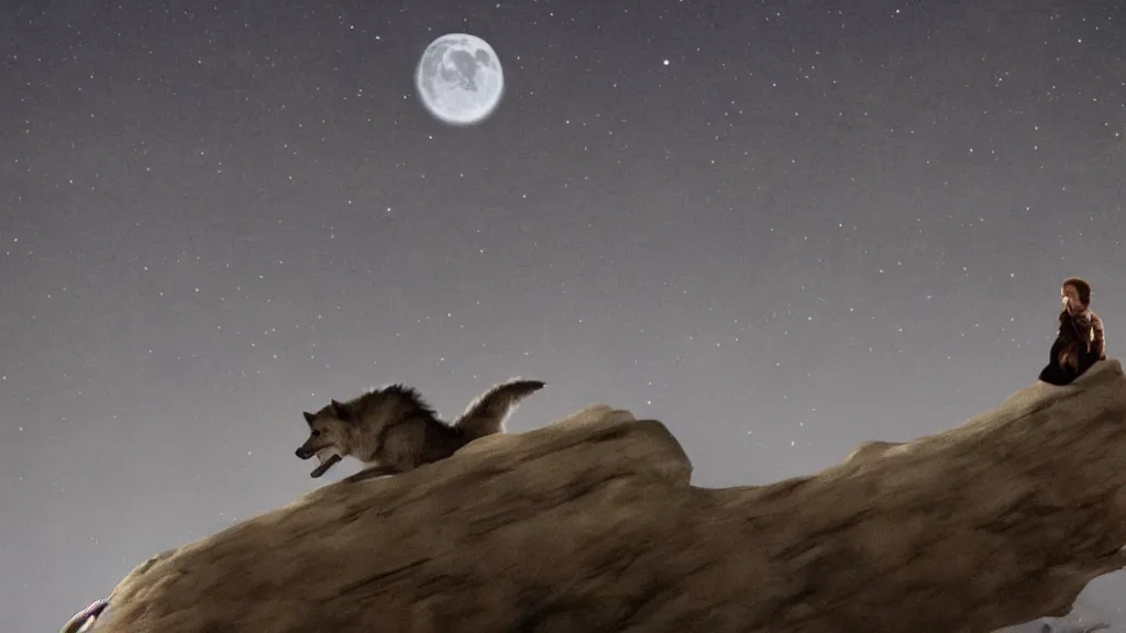 Image similar to Beautiful cinematography of a close up highly detailed David Bowie riding a wolf at night, while on top of a large cliff with the full moon in the background