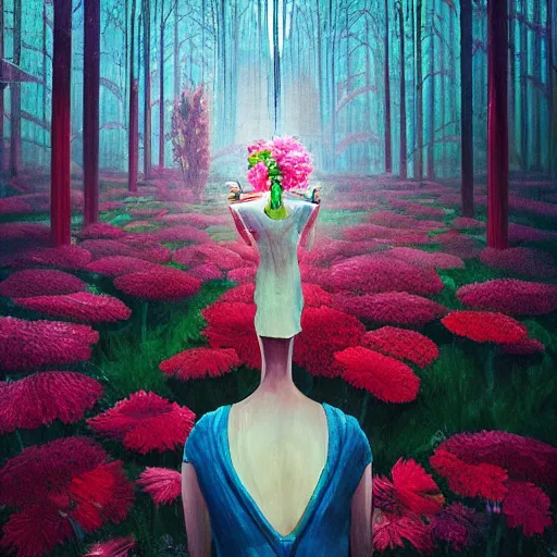 Prompt: giant carnation flower head, woman standing in hall of glass, surreal photography, dramatic light, impressionist painting, digital painting, artstation, simon stalenhag