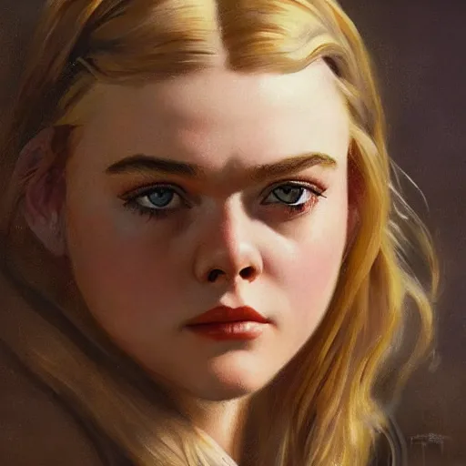 Image similar to ultra realistic portrait painting of elle fanning as a western outlaw, art by frank frazetta, 4 k, ultra realistic, highly detailed, epic lighting