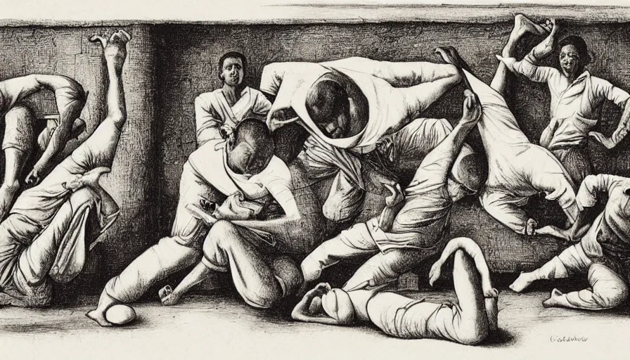 Prompt: capoeira, engraving by escher