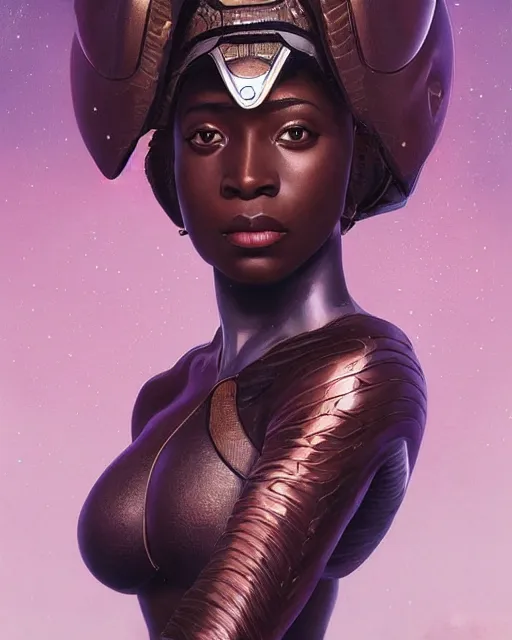 Image similar to full body Portrait of very beautiful african woman, spacesuit, holding her helmet, real life skin, intricate, elegant, highly detailed, artstation, concept art, smooth, sharp focus, art by artgerm and greg rutkowski and alphonse mucha