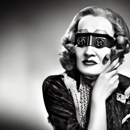 Image similar to portrait still of a young marlene dietrich wearing steampunk goggles, photorealistic, 4 k, octane render, by wayne barlow, alphonse michael,