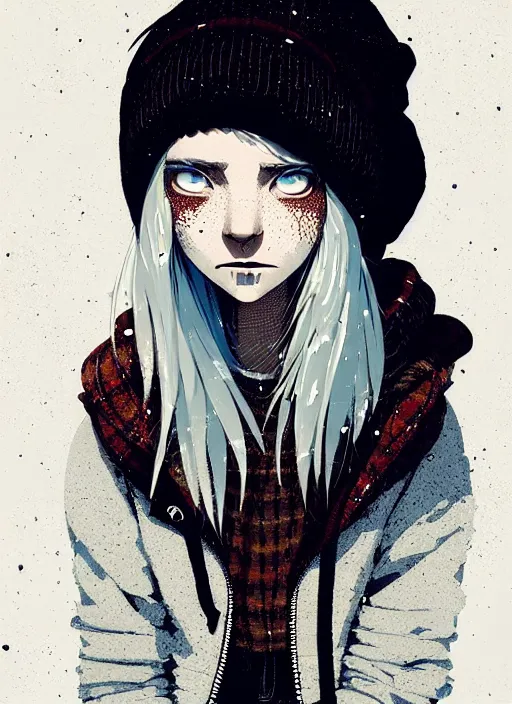 Image similar to highly detailed closeup portrait of a sewer punk lady student, beanie, harris tweed hoodie, frosty white hair by atey ghailan, by greg rutkowski, by greg tocchini, by james gilleard, by joe fenton, by kaethe butcher, gradient, blue, black, brown and cream color scheme, grunge aesthetic!!! white graffiti tag wall background