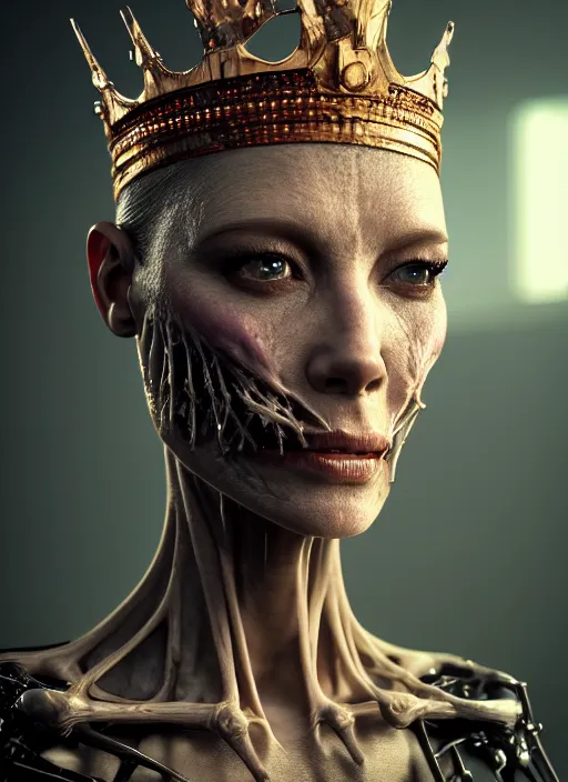 Image similar to 3 / 4 portrait, queen, crown, translucent skin, visible muscle and bones and veins and nerves, hyperrealism, detailed textures, photorealistic, 3 d cyberpunk apocalyptic city, futuristic clothing and helmet, ultra realistic, cinematic, intricate, cinematic light, unreal engine 8 k, octane render, unreal engine by david kostic and stanley lau and artgerm