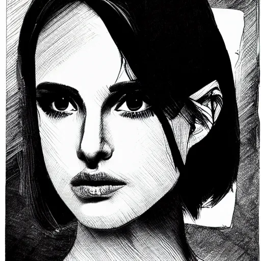 Image similar to a black and white ink-Manga portrait of Natalie Portman