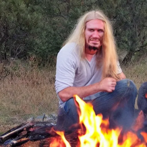 Prompt: photo of hillbilly with long blonde hair around a bonfire