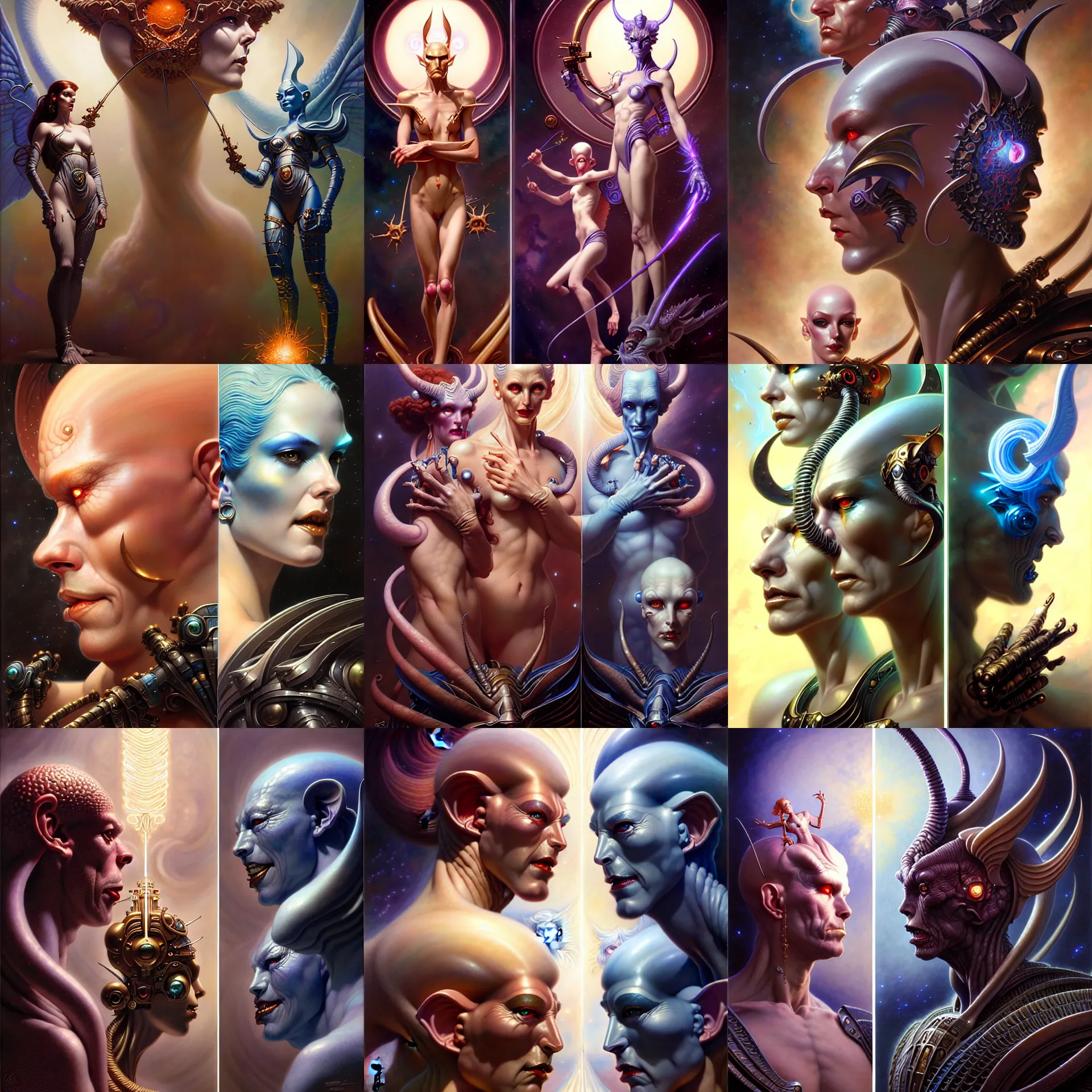 Image similar to beautiful gemini good and evil fantasy character portrait, ultra realistic, wide angle, intricate details, the fifth element artifacts, highly detailed by peter mohrbacher, hajime sorayama, wayne barlowe, boris vallejo, aaron horkey, gaston bussiere, craig mullins