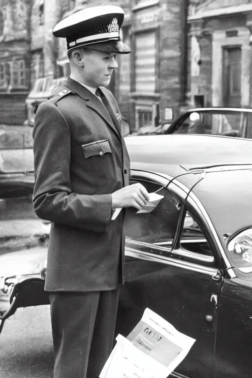 Image similar to a 1 9 5 0 s police officer issuing a ticket on a car