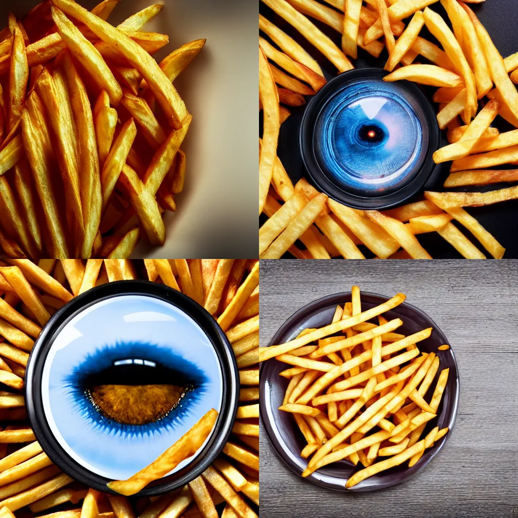 Prompt: Fish Eye Lens Of A Giant French Fries, 4K, Photorealistic