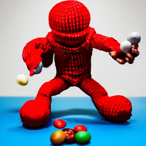 Image similar to eminem as the red m character standing on a floor coverd with m & m candies, m & m candy dispenser!!!, round red m & m figure, m & m mascot, m & m figure, m & m plush, unreal engine, studio lighting, figurine, unreal engine, volumetric lighting, artstation, cosplay, by hans bellmer