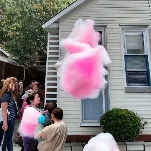 Prompt: the house is filled with cotton candy, large pieces of cotton fall out of the windows, people are shocked looking at it, sunny weather, super realistic picture, trending on news