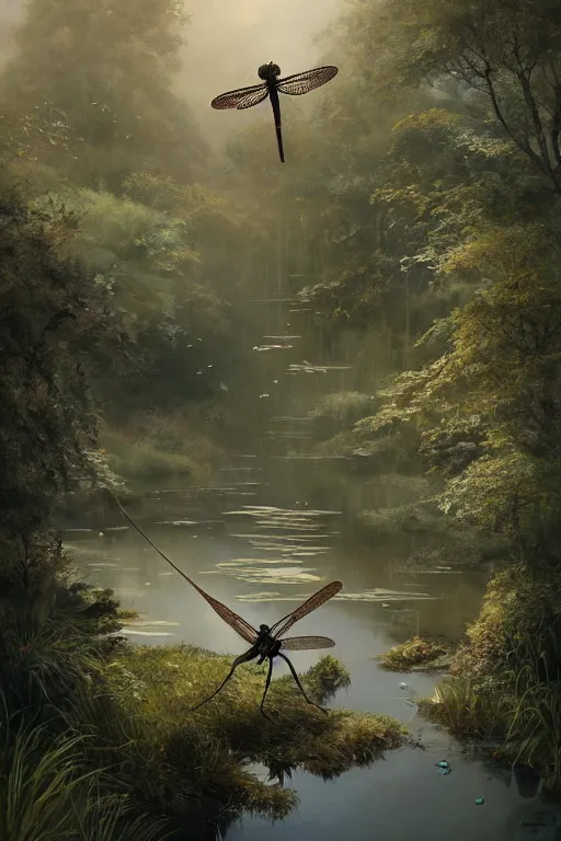 Image similar to a portrait of a dragonfly above a pond by Greg Rutkowski, Sung Choi, Mitchell Mohrhauser, Maciej Kuciara, Johnson Ting, Maxim Verehin, Peter Konig, final fantasy , mythical, 8k photorealistic, cinematic lighting, HD, high details, atmospheric,