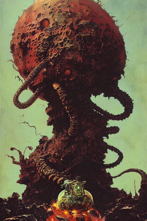 Image similar to cthulu rises from a martian volcano, by norman rockwell, jack kirby, jon berkey, earle bergey, craig mullins, ruan jia, jeremy mann, tom lovell, marvel, astounding stories, 5 0 s pulp illustration, scifi, fantasy, artstation creature concept