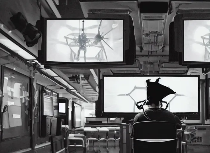 Prompt: a man sitting on a chair with things attached to his head, screens and monitors in front of him playing videos, ship interior, narrow hallway, scifi, dramatic lighting, dark, spotlight, surreal, by rutkowski, fuji choko