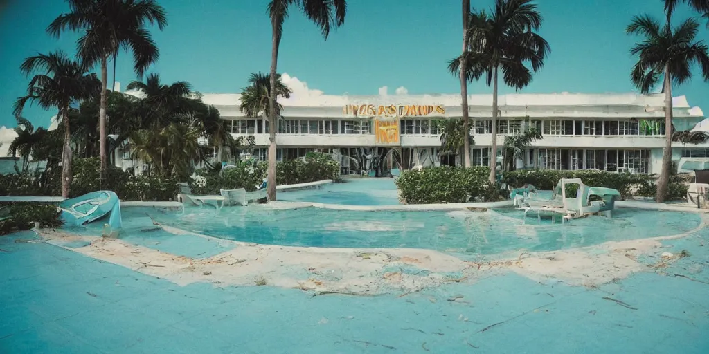 Image similar to hyperrealistic surreal defunct florida keys abandoned resort with palm trees around a pool, a surreal vaporwave liminal space, 1970s color kodak Kubrick film, anamorphic lenses