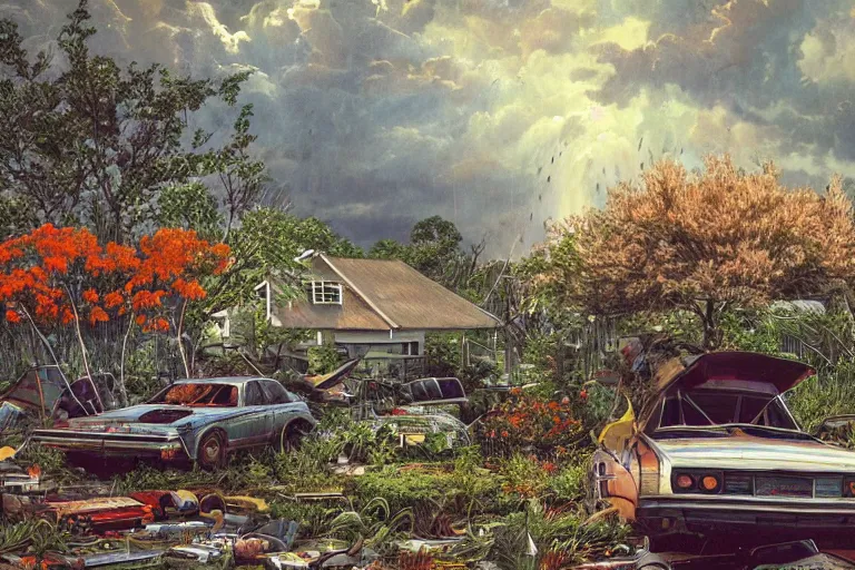 Image similar to hyperrealism, scene from church, thunderstorm, starship, junkyard, louisiana swamps, orange blooming flowers garden, 8 k, 8 0 s japanese sci - fi books art