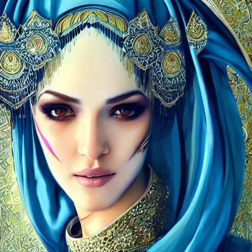 Image similar to a beautiful arabian woman wearing a white kaftan by karol bak, ayami kojima, artgerm, arabian beauty, blue eyes, smile, concept art, fantasy