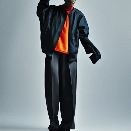 Image similar to realistic photoshooting for a new balenciaga lookbook color film photography of a beautiful woman model, model wears a workwear jacket, photo in style of tyler mitchell, ssense