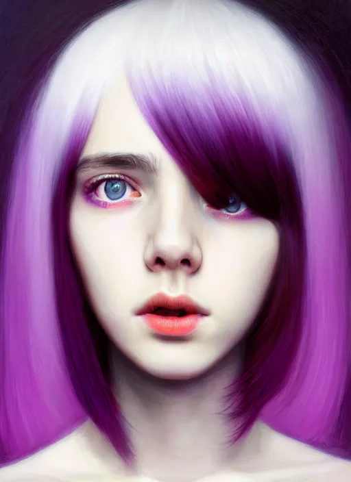 Image similar to hair whitebangs hair, black hair, whitebangsblackhair, portrait of teenage girl with white bangs, red irises, purple clothes, white bangs, bangs are different color from hair, intricate, elegant, glowing lights, highly detailed, digital painting, artstation, concept art, sharp focus, illustration, art by wlop, mars ravelo and greg rutkowski