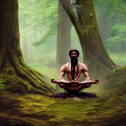 Image similar to meditating shaman in forest, artstation, realistic, nature, best art,