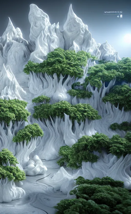 Image similar to highly detailed ultra sharp 3 d render cinematic composition of a smooth ceramic porcelain magnolia stone white fluid fractal sci - fi surreal architecture landscape, marble gold details, magnesium, foliage, archviz, vincent callebaut composition, mamou - mani, beautiful lighting, 8 k, unreal engine, hdr, dof