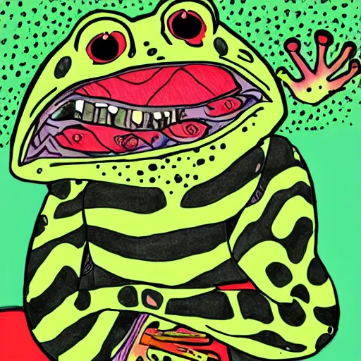 Image similar to matt furie boys club frog character colourful realistic drawing