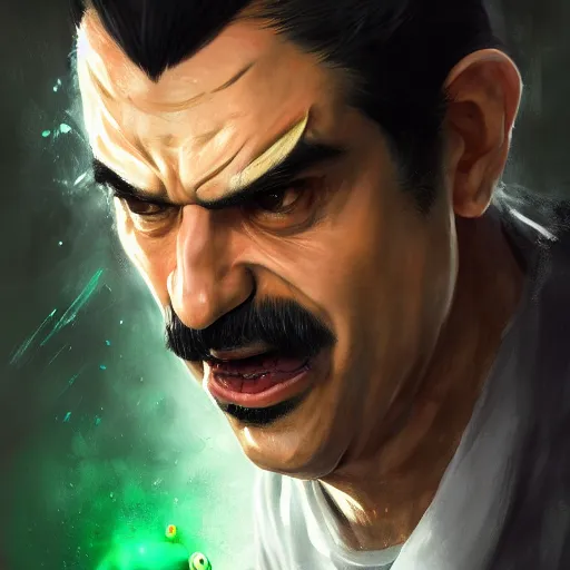 Image similar to hyper realistic, realistic - anime, 4 k, 8 k, pixiv, artstation, portrait, beautifully rendered, luis guzman as luigi wearing green, smirking deviously, nintendo's luigi, luigi's nose, painted by greg rutkowski, wlop, artgerm, dishonored 2,