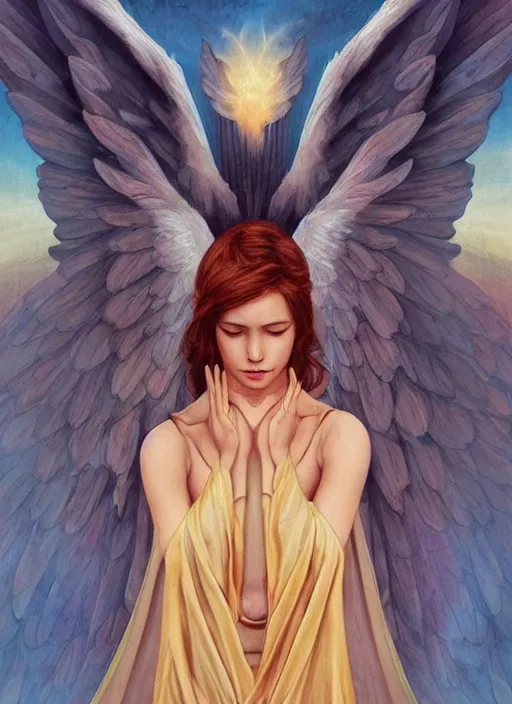 Image similar to a female angel wrapped in cloth, her wings are fallen open by her side, in a roman castle, by tran nguyen and artgerm, warm colors
