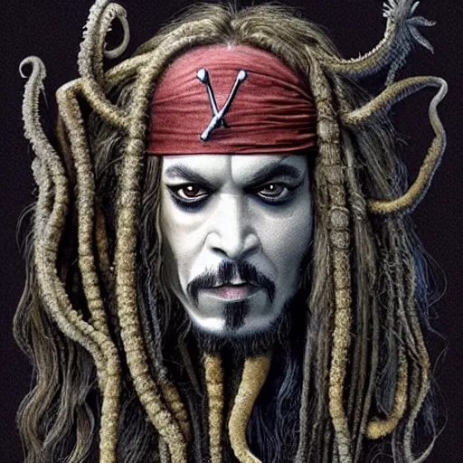 Image similar to a hyperrealistic illustration of Captain Jack Sparrow as Davy Jones, Davy Jones with Tentacles, Face hybrid of Davy Jones and Jack Sparrow, symmetrical face