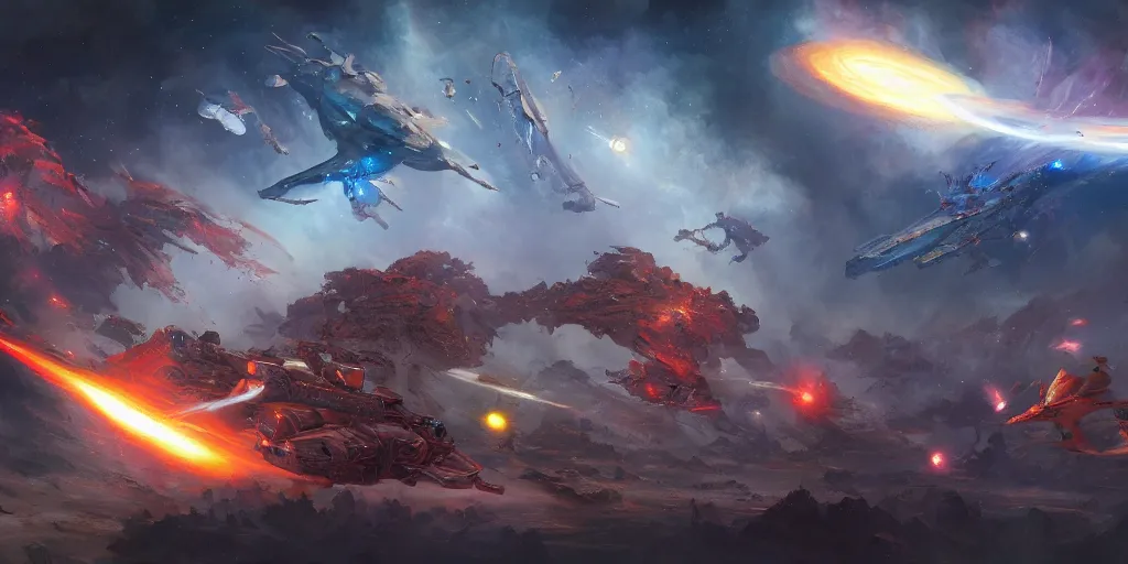 Prompt: A digital painting of an epic space battle, by Stanley Artgerm Lau, frank frazetta, Rossdraws, James Jean, gerald brom, Andrei Riabovitchev, Marc Simonetti, and Sakimichan, trending on artstation, SFW version