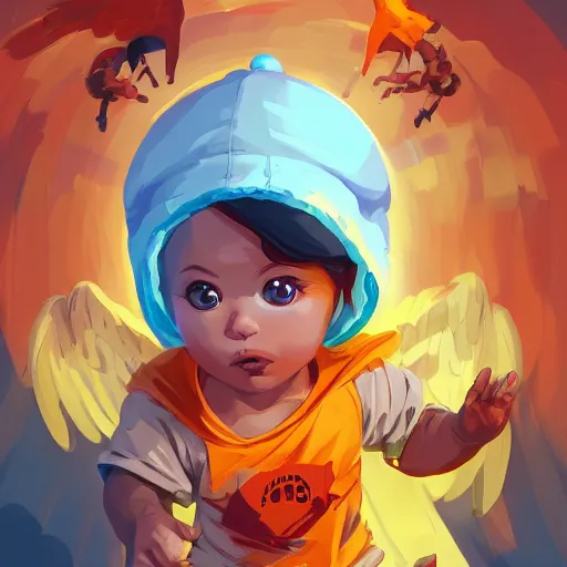 Image similar to baby Angel cherub ski mask orange hoodie, golden necklace fantasy art apex fortnite Video game icon, 2d game art gta5 cover , official fanart behance hd artstation by Jesper Ejsing, by RHADS, Makoto Shinkai and Lois van baarle, ilya kuvshinov, rossdraws