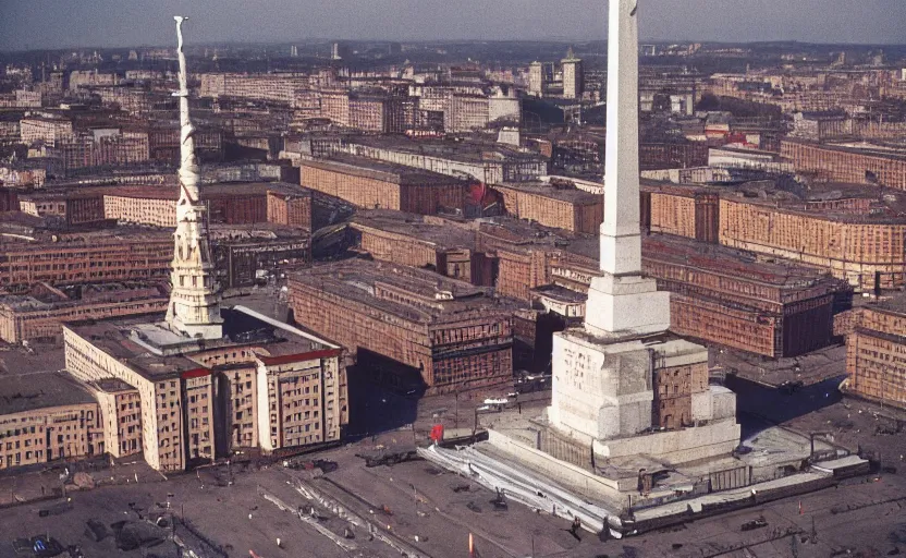 Prompt: high quality 2000s historic footage of a soviet square with a great lenin statue with stanilist style high rise and pedestrians, color aerial photo drone, Cinestill 800t, heavy grainy picture, very detailed, high quality, 4k panoramic