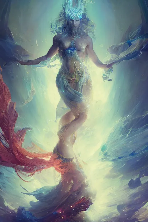 Prompt: etheral godess surounded by firebirds in intricate detailed color smashing fluid oilpaint, 3 d render, hyper realistic detailed, color leaves, ruan jia, wlop. scifi, fantasy, hyper detailed, octane render, concept art, by peter mohrbacher, by wlop, by ruan jia, by alphonse mucha