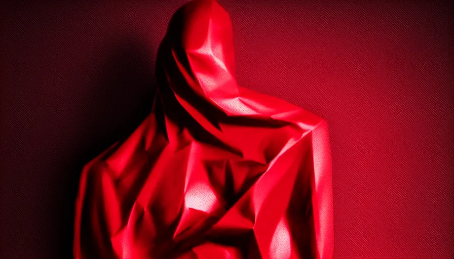 Image similar to enigmatic figure wrapped in red sheet in darkness, high contrast, hard light, digital art, rendering, cloth simulation, redshift