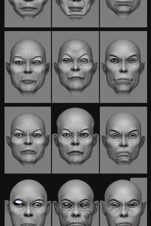 Prompt: asian facial anatomy with gunmetal grey skin, medical anatomy, very symmetrical face, highly detailed, three - perspective / three - view reference sheet ( front / back / side ), in the style of dan ouellette, steven jung, amanda lilleston, hr giger, sil from species, dren from splice, mecha, artstation, unreal engine