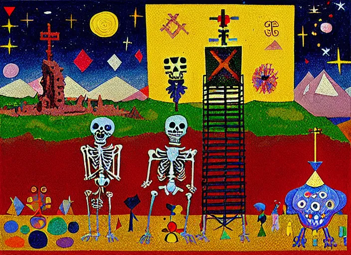 Image similar to pixel decollage painting tarot lovers card composition tower of babel road red armor maggot bear and wonky alien frog skeleton knight on a horse in a dark red cloudy night sky with golden foil jewish stars and diamonds, mountain lake and blossoming field in background, painted by Mark Rothko, Helen Frankenthaler, Danny Fox and Hilma af Klint, pixelated, neo expressionism, semi naive, pastel colors, cinematic, color field painting, cave painting, voxel, pop art look, outsider art, minimalistic. Bill Traylor painting, part by Philip Guston, Amano and Francis Bacon. art by Adrian Ghenie and Storm Thorgerson, very coherent symmetrical artwork, cinematic, hyper realism, high detail, octane render, unreal engine, Smooth gradients, depth of field, full body character drawing, extremely detailed, 8k, extreme detail, intricate detail, masterpiece