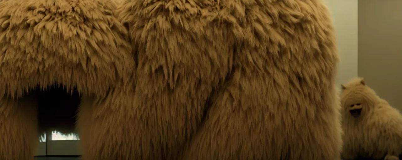 Image similar to a strange huge fluffy furry creature sits in the living room, film still from the movie directed by denis villeneuve with art direction by zdzisław beksinski, close up, telephoto lens, shallow depth of field