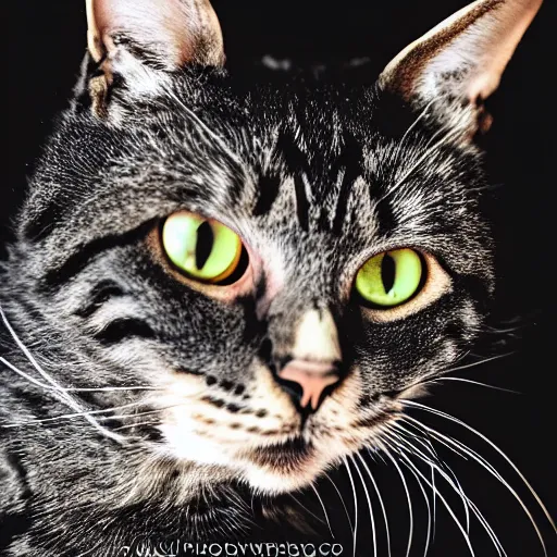 Image similar to a cat mixed with the devil, professional photography, evil, macabre