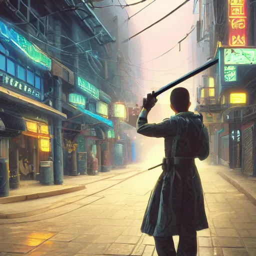 Image similar to An android with akimbo katanas by Evgeny Lushpin, cyberpunk, Trending on Artstation, 1980s computer graphics,