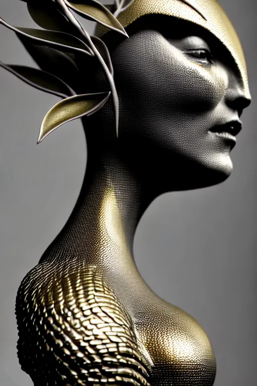 Image similar to bw close - up profile face, black background, beautiful young porcelain vegetal - dragon - cyborg - female, 1 5 0 mm, beautiful natural soft rim light, silver gold details, magnolia leaves and stems, roots, mandelbot fractal, elegant, ultra detailed, white metallic armour, octane render, h. r. giger style