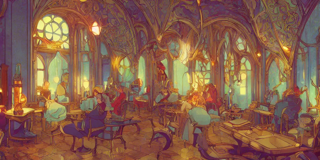 Image similar to an art nouveau decorated alchemy room, magical, bright, colorful, fantastic lighting, amazing details, 4 k uhd, illustration by hayao miyazaki and makoto shinkai and ilya kuvshinov, artstation, pixiv,