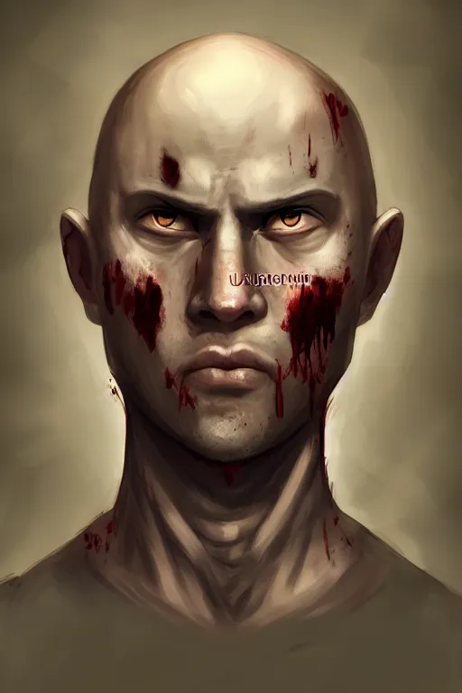 Prompt: unattractive, bald and unsympathetic Human_fighter!, He has 6 scares on his face, and a bloodthirsty look in his eyes. full_body!!, dungeons and dragons portrait, highly detailed, digital painting, artstation, concept art, sharp focus, illustration, art by Leonardo da Vinci and Michelangelo and Botticelli