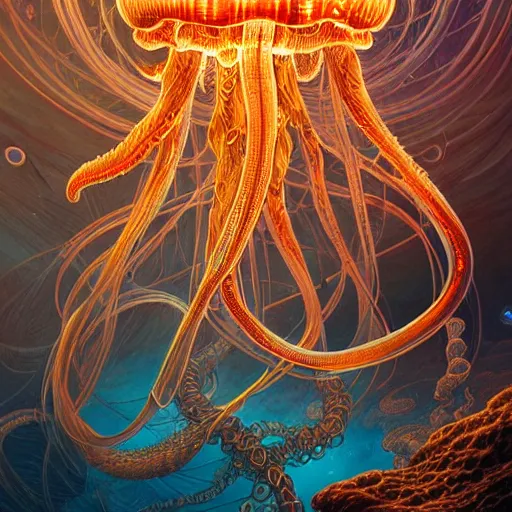 Image similar to a beautiful hyperrealistic ultradetailed 3d art of gigantic glowing complex multi-layered intricate jellyfish creatures with long flowing tendrils, by Justin Gerard and Laurie Greasley and Peter Mohrbacher and Dan Mumford, tarot card art, detailed shading, vray octane, redshift. micro details, dramatic lighting, volumetric lighting, 8k