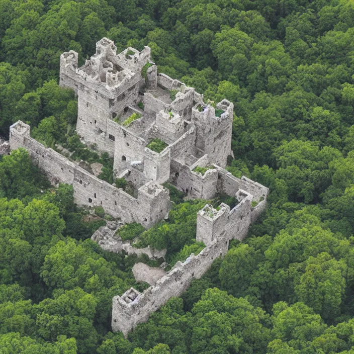 Image similar to aerial view of an ancient castle compound fortress from above in a forest shaped like the punisher symbol isometric detailed