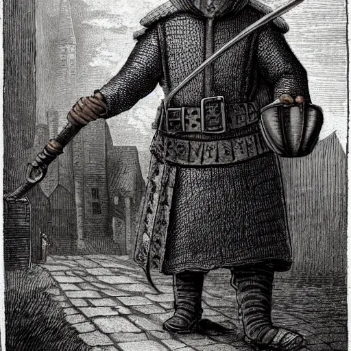 Image similar to fantasy art of an old, world weary medieval guard in the city watch, wearing a grey coat, wearing hobnail boots, wearing a kettle helm and walking down a cobbled road in a small medieval town