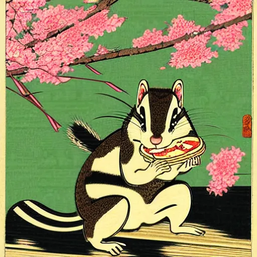 Image similar to japanese edo period woodblock print of a chipmunk eating pizza with pink blossoming cherry trees in the background, art by greg rutkowski and yoji shinkawa and akira toriyama