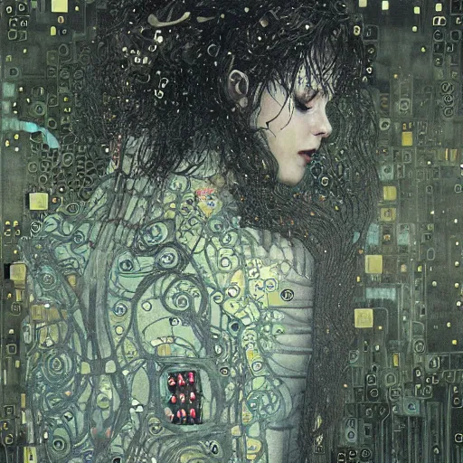 Image similar to cybernetic demon sleeping in circuitry, intricate detail, klimt, royo, whealan,