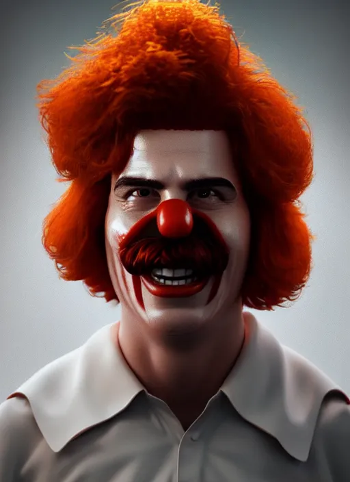 Prompt: portrait of Pedro Sanchez as Ronald McDonald, perfect facial symmetry + dim volumetric lighting, 8k octane beautifully detailed render, post-processing, extremely hyperdetailed, intricate, epic composition, grim yet sparkling atmosphere, cinematic lighting + masterpiece, trending on artstation